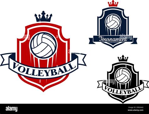 Volleyball game sports banner or emblem with ball, shield, crown and ...