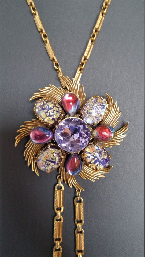 Rare Florenza Lavender Rhinestone Plum Purple Art Glass Gold Tone