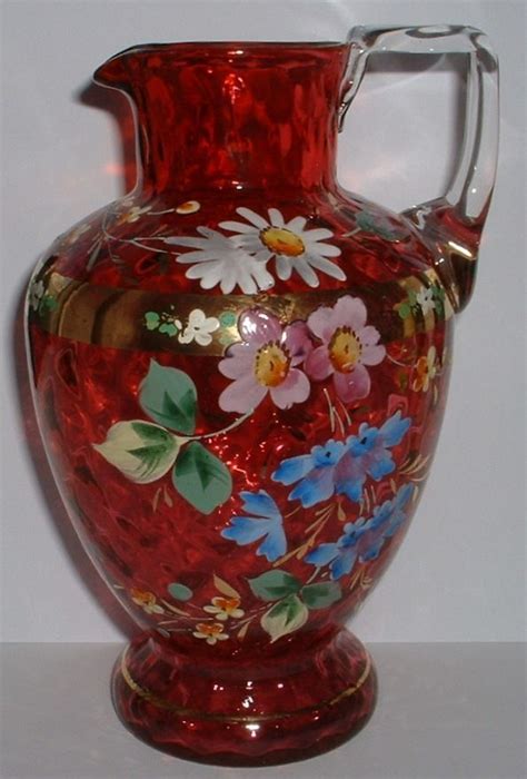 Victorian Gilded Hand Painted Cranberry Glass Pitcher Jug Cranberry