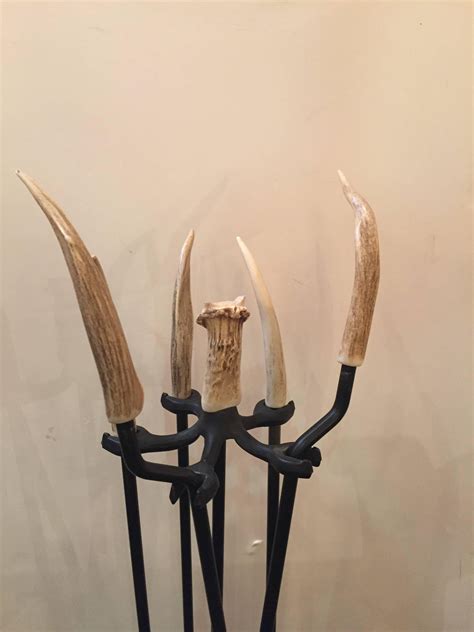 Stylish Iron Fireplace Tool Set With Authentic Antler At 1stDibs