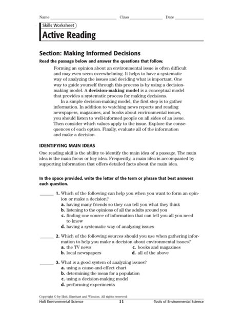 Holt Environmental Science Skills Worksheet Active Reading Answer Key — Db