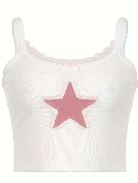 Grunge Star Pattern Lace Trim Crop Cami Top Sexy Crew Neck Temu