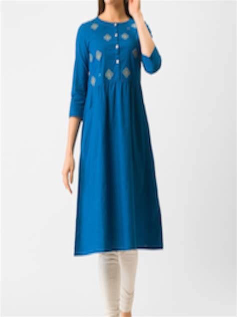 Buy Globus Women Blue Floral Embroidered Pure Cotton Kurta Kurtas For