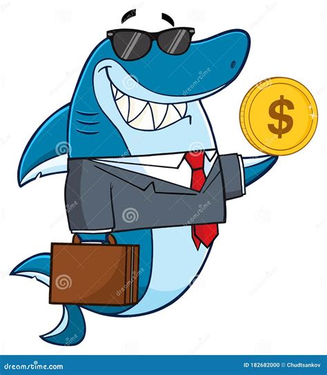 Smiling Business Shark Cartoon Mascot Character In Suit Carrying A