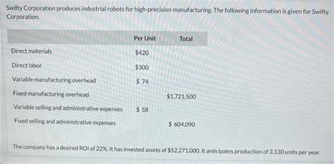 Solved Swifty Corporation Produces Industrial Robots For Chegg