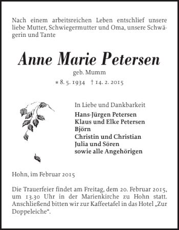 Traueranzeigen Von Anne Marie Petersen Sh Z Trauer