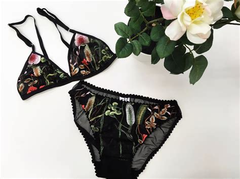Black Embroidered Floral Lingerie Set Triangle Bra Bikini Cut Panties