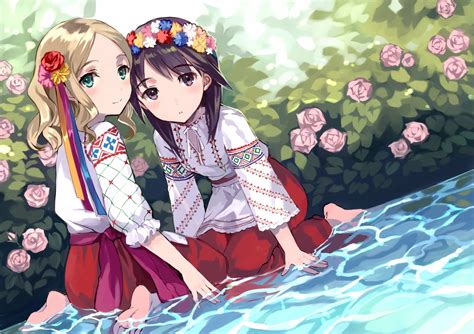 2girls Barefoot Black Hair Blonde Hair Blush Flowers Loli Original Rose