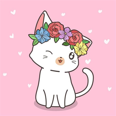 Gato Blanco Dibujado A Mano Con Corona De Flores Vector En Vecteezy