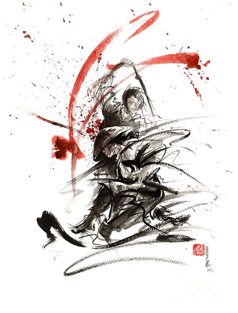 Samurai sword black white red strokes bushido katana martial arts sumi ...