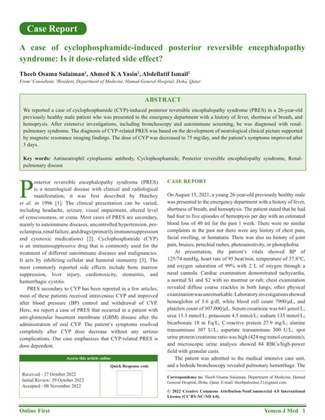 PDF A Case Of Cyclophosphamide Induced Posterior Reversible