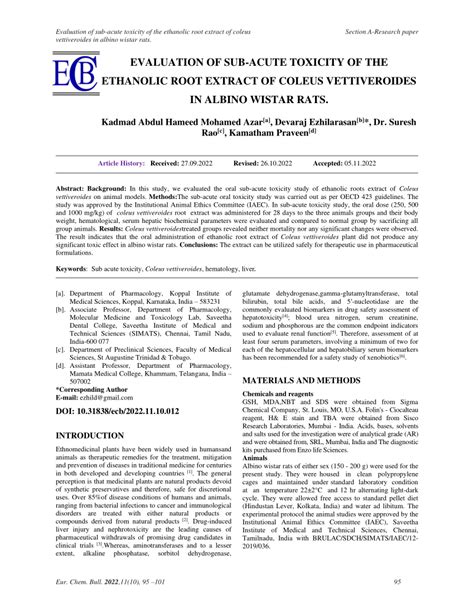 Pdf Evaluation Of Sub Acute Toxicity Of The Ethanolic Root Extract Of