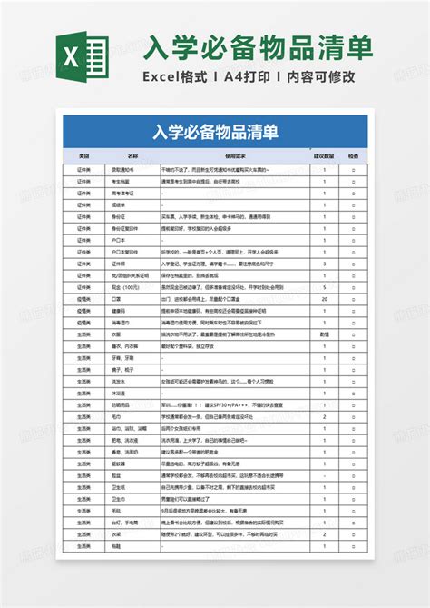 入学必备物品清单excel模板下载熊猫办公