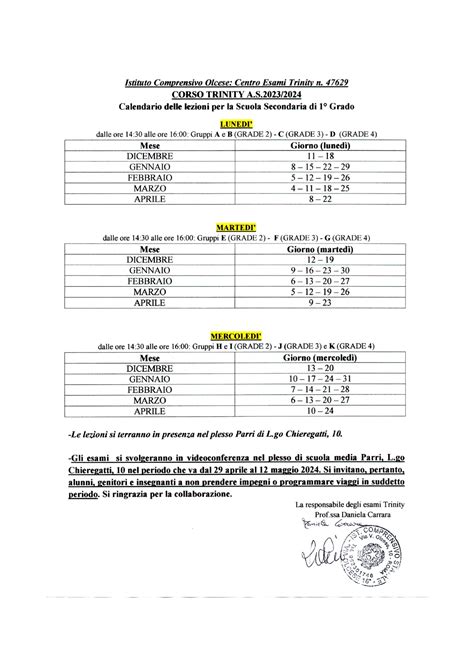 Calendario Lezioni Trinity A S 2023 2024 Ic Olcese