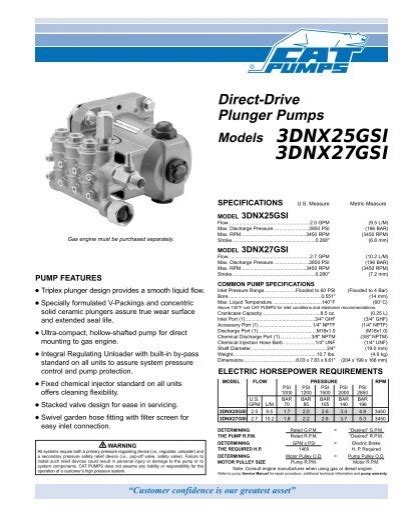 3DNX25GSI And 3DNX27GSI Pressure Washer Pump Data Sheet