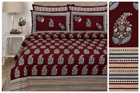 Exquisite Print In Grey On Maroon Cotton Double Bedsheet And Two Pillow