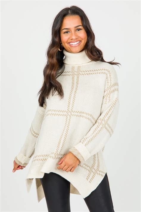 Plaid Turtleneck Sweater Cream New Arrivals The Blue Door Boutique