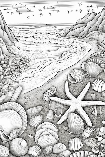 Un Dibujo De Una Escena De Playa Con Conchas Y Estrellas De Mar Ai