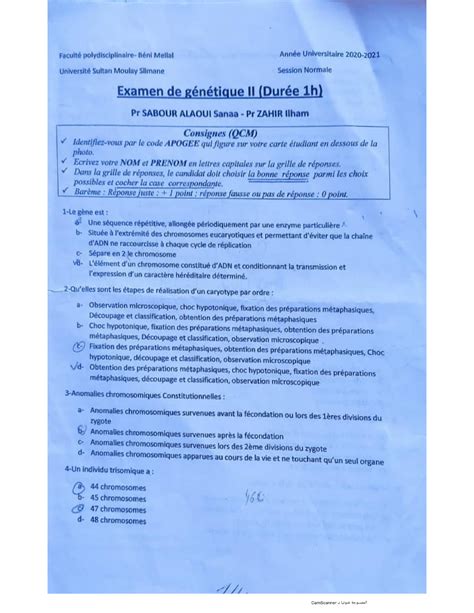 Examens G N Tique S Biologie Mol Culaire Sciences De La Vie Et De