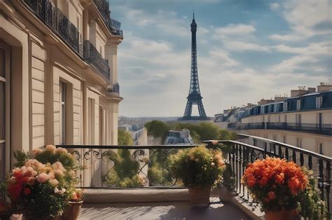 Premium AI Image | a balcony with a view of the eiffel tower.