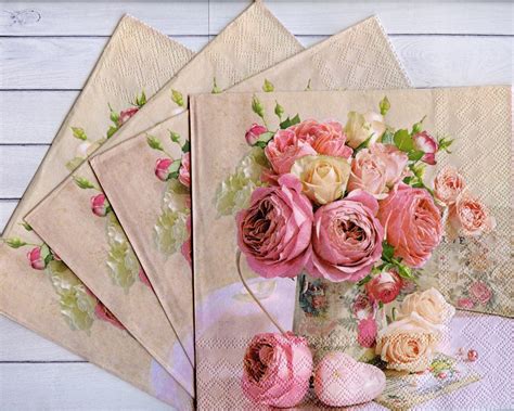 4 Peonies And Roses Decoupage Napkins Floral Paper Serviettes Etsy