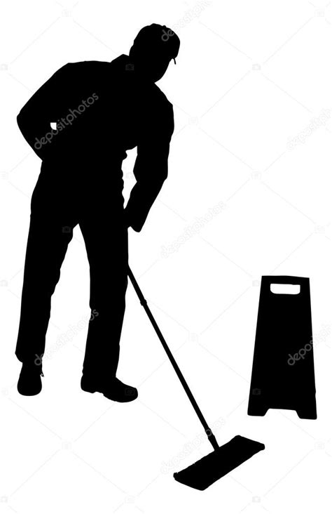 Silhouette Man Cleaning Floor With Mop Stock Vector