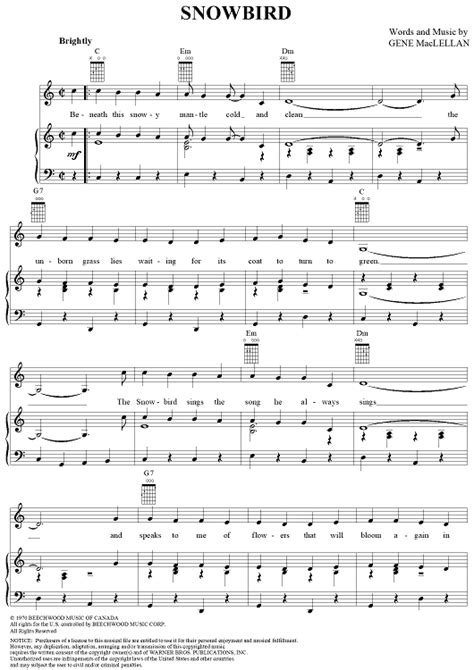 Snowbird Sheet Music By Anne Murray For Pianovocalchords Sheet Music Now