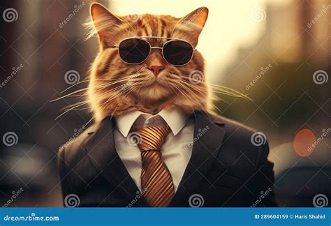 Feline Fashion Cat Wearing Sunglasses And Suit Generative Ai Stock