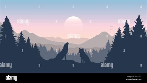 wolf pack in forest with mountain landscape Stock Vector Image & Art ...