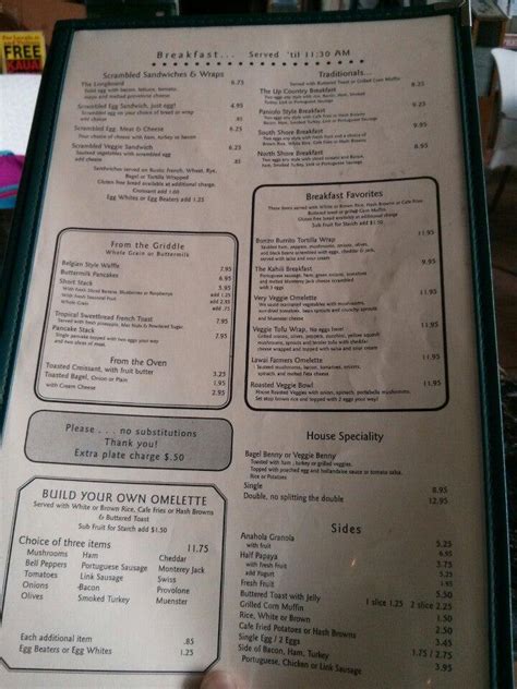 Menu at Kalaheo Cafe & Coffee Company, Kalaheo, 2-2560 Kaumualii Hwy