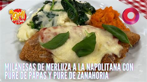 Milanesas de merluza a la napolitana con puré de papas y pure de