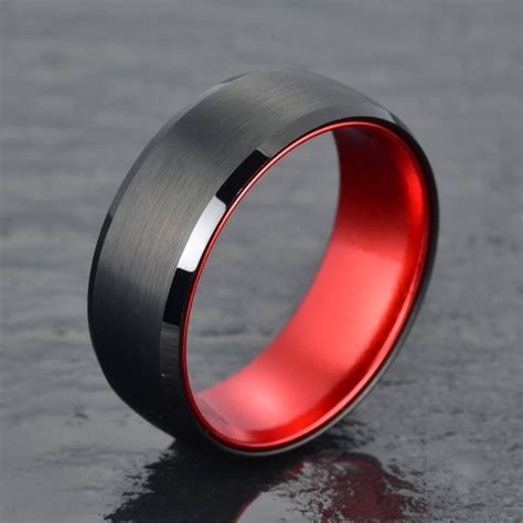 Black Tungsten Ring Red Anodized Aluminum Interior Mens 8mm Wedding Band Mens Wedding Ring Size