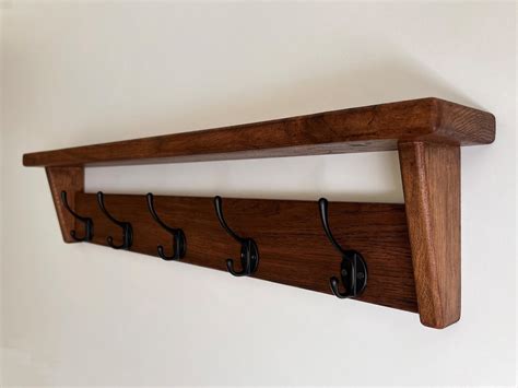 Dark SOLID OAK Coat Rack With Shelf, Handmade Wooden Entryway Shelf With Cast Iron Hooks, Towel ...