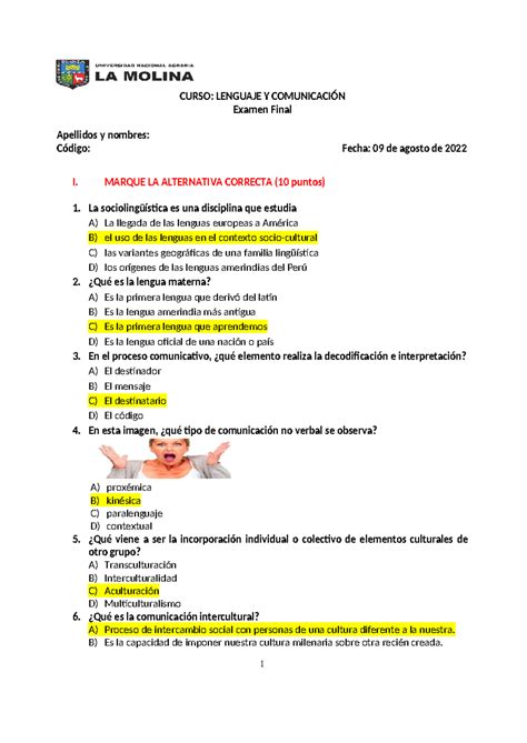 Examen Final Lenguaje Y Comunicación CURSO LENGUAJE Y COMUNICACIÓN