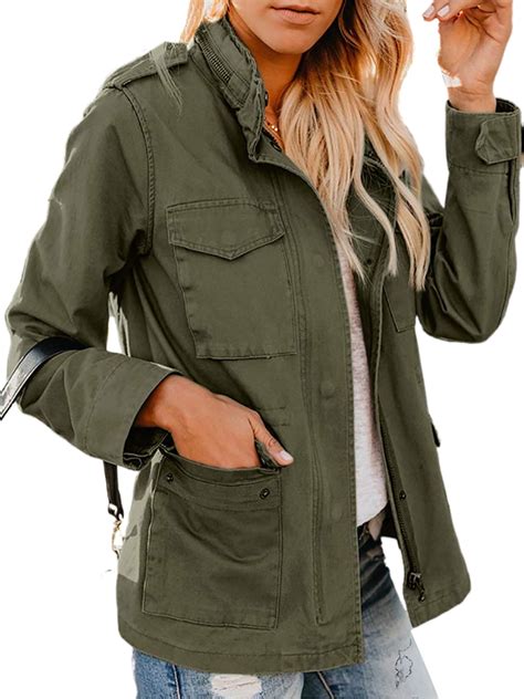 Ukap Womens Military Jacket Zip Up Snap Buttons Lightweight Utility