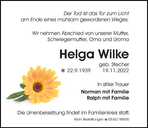 Traueranzeigen Von Helga Wilke Trauer Anzeigen De