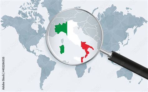 World map with a magnifying glass pointing at Italy. Map of Italy with ...