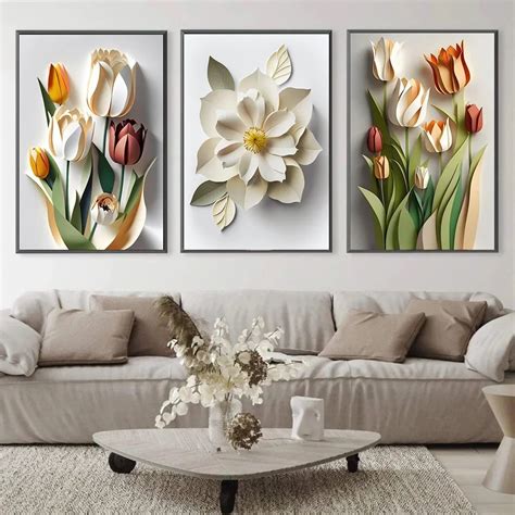 Quadro Decorativo 3 Peças 40x60 Nórdico Flores Florido Delicado Coloridas Moderno Minimalista