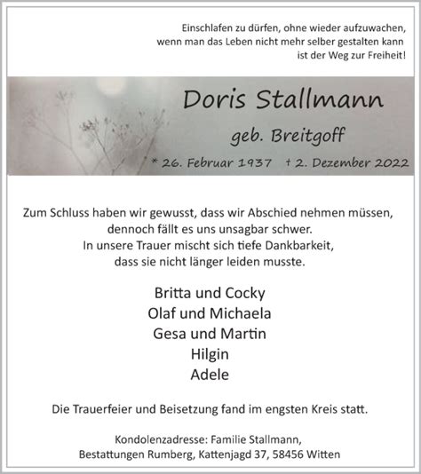 Traueranzeigen Von Doris Stallmann Trauer In Nrw De