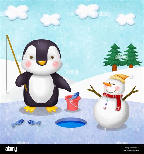 Illustration Of Penguin Fishing Under Ice Stock Photo Alamy