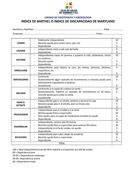 Evaluación De Actividades De La Vida Diaria Del Adulto Mayor Unidad De Fisioterapia Y