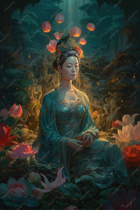 Premium Ai Image Beautiful Guanyin Bodhisattva Sit On The Lotus In