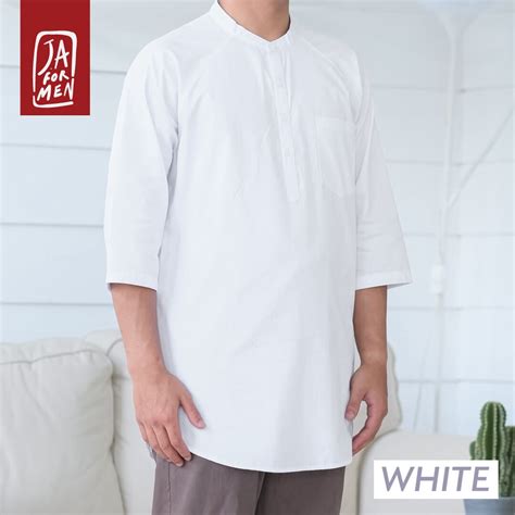 Jual Baju Koko Kurta Pakistan White Lengan Raglan Bahan Katun