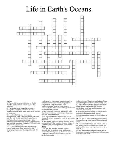 Life in Earth's Oceans Crossword - WordMint