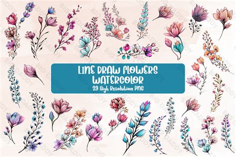 Line Draw Flowers Watercolor Clipart Graphic by Big Daddy · Creative ...