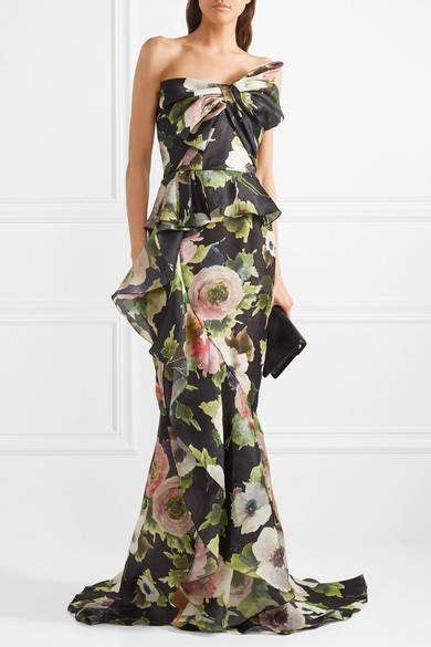 Marchesa Bow Embellished Floral Print Silk Blend Moire Gown Black