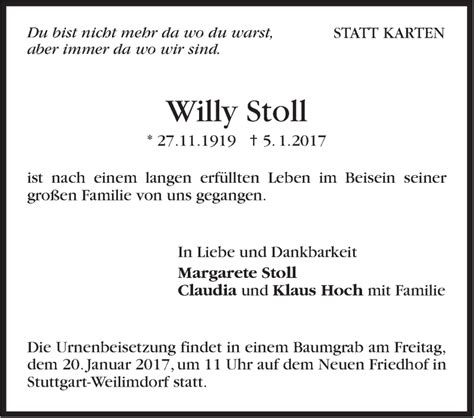 Traueranzeigen Von Willy Stoll Stuttgart Gedenkt De