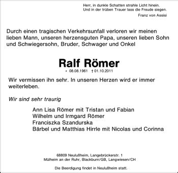 Traueranzeigen von Ralf Römer Trauer in NRW de