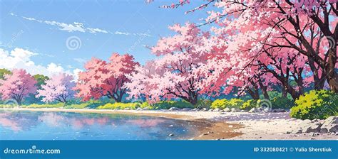 Sakura Blooming on a River Bank, Japan Anime Scenery Wallpaper ...