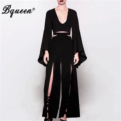 Buy Bqueen 2017 New Fashion Black Flare Sleeve Long Sleeve Split Pant Sets Deep